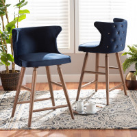 Baxton Studio RDC817-AC-Navy Blue VelvetWalnut-CS-2PC Set Baxton Studio Sagira Modern and Contemporary Transitional Navy Blue Velvet Fabric Upholstered and Walnut Brown Finished Wood 2-Piece Counter Stool Set